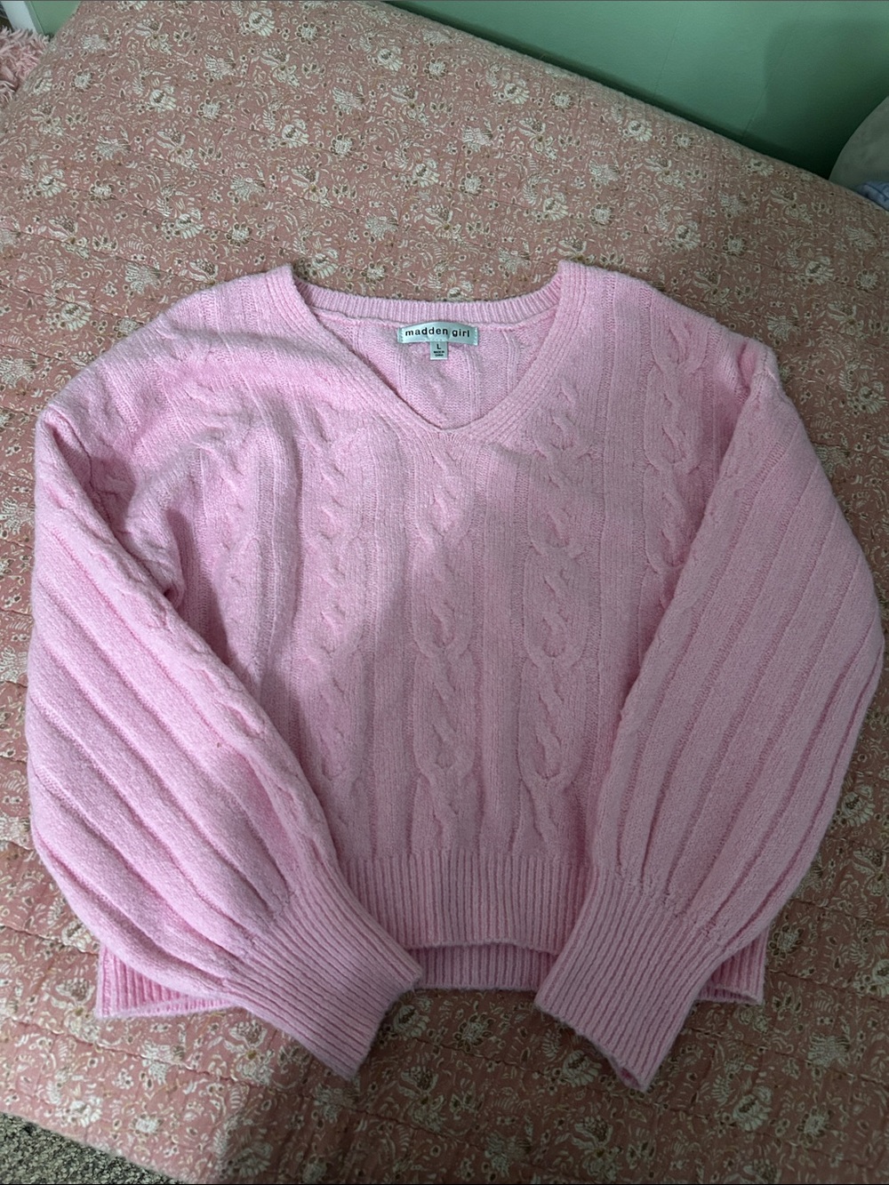 Madden Girl Light Pink Cable V-Neck Sweater
